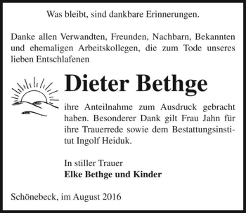 Traueranzeige von Dieter Bethge  von Magdeburger Volksstimme