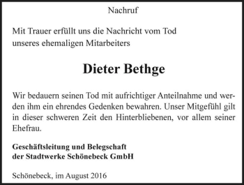 Traueranzeige von Dieter Bethge  von Magdeburger Volksstimme
