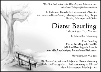 Traueranzeige von Dieter Beutling  von Magdeburger Volksstimme