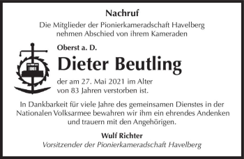Traueranzeige von Dieter Beutling  von Magdeburger Volksstimme