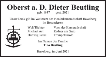 Traueranzeige von Dieter Beutling  von Magdeburger Volksstimme