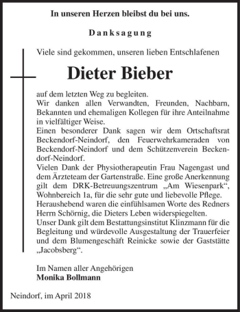 Traueranzeige von Dieter Bieber  von Magdeburger Volksstimme