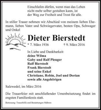 Traueranzeige von Dieter Bierstedt  von Magdeburger Volksstimme