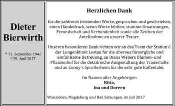Traueranzeige von Dieter Bierwirth  von Magdeburger Volksstimme