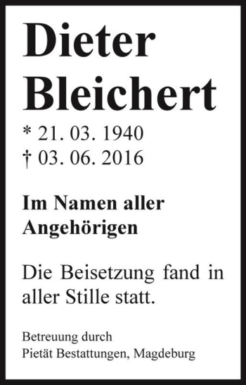 Traueranzeige von Dieter Bleichert  von Magdeburger Volksstimme