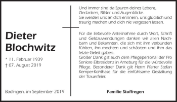 Traueranzeige von Dieter Blochwitz  von Magdeburger Volksstimme
