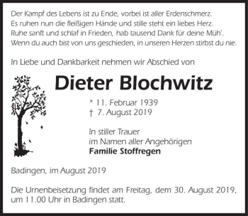 Traueranzeige von Dieter Blochwitz  von Magdeburger Volksstimme