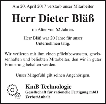 Traueranzeige von Dieter Bläß  von Magdeburger Volksstimme