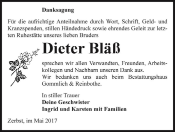 Traueranzeige von Dieter Bläß  von Magdeburger Volksstimme