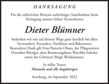 Traueranzeige von Dieter Blümner  von Magdeburger Volksstimme