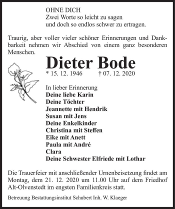 Traueranzeige von Dieter Bode  von Magdeburger Volksstimme