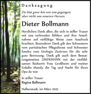 Traueranzeige von Dieter Bollmann  von Magdeburger Volksstimme