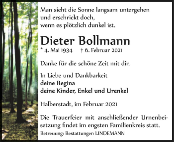 Traueranzeige von Dieter Bollmann  von Magdeburger Volksstimme
