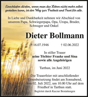 Traueranzeige von Dieter Bollmann  von Magdeburger Volksstimme