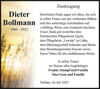 Traueranzeige von Dieter Bollmann  von Magdeburger Volksstimme