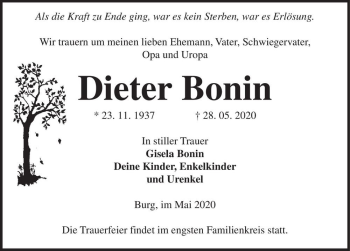 Traueranzeige von Dieter Bonin  von Magdeburger Volksstimme