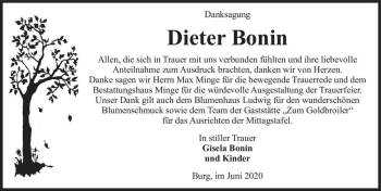 Traueranzeige von Dieter Bonin  von Magdeburger Volksstimme