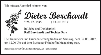 Traueranzeige von Dieter Borchardt  von Magdeburger Volksstimme