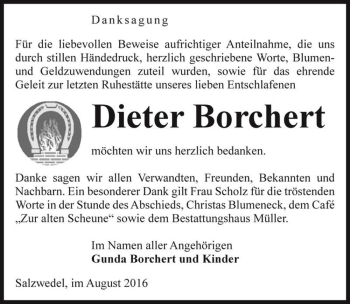 Traueranzeige von Dieter Borchert  von Magdeburger Volksstimme