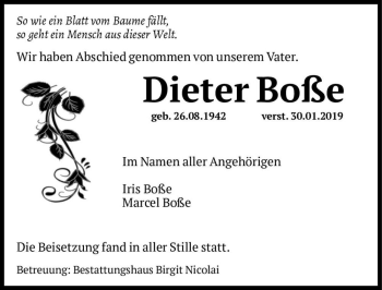 Traueranzeige von Dieter Boße  von Magdeburger Volksstimme