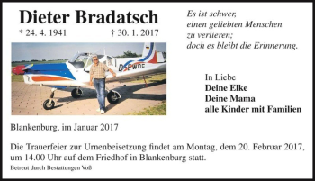 Traueranzeige von Dieter Bradatsch  von Magdeburger Volksstimme