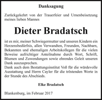 Traueranzeige von Dieter Bradatsch  von Magdeburger Volksstimme