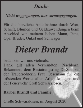 Traueranzeige von Dieter Brandt  von Magdeburger Volksstimme