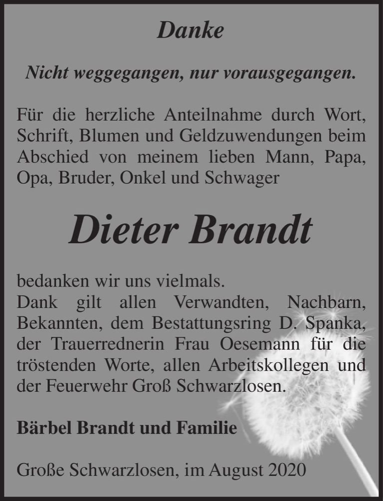  Traueranzeige für Dieter Brandt  vom 26.08.2020 aus Magdeburger Volksstimme