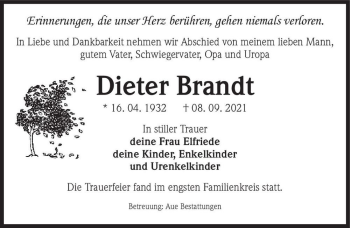 Traueranzeige von Dieter Brandt  von Magdeburger Volksstimme