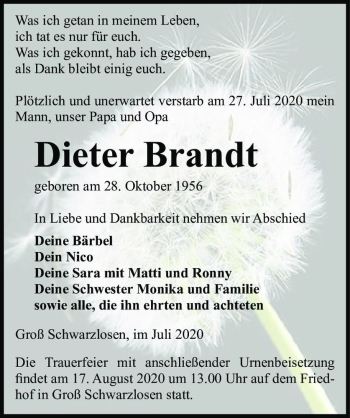 Traueranzeige von Dieter Brandt  von Magdeburger Volksstimme
