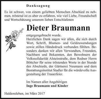 Traueranzeige von Dieter Braumann  von Magdeburger Volksstimme