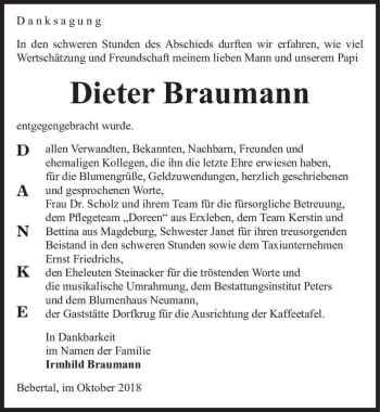 Traueranzeige von Dieter Braumann  von Magdeburger Volksstimme