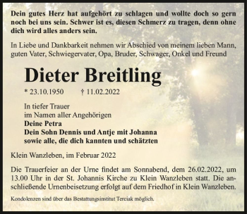 Traueranzeige von Dieter Breitling  von Magdeburger Volksstimme