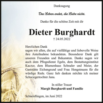 Traueranzeige von Dieter Burghardt  von Magdeburger Volksstimme