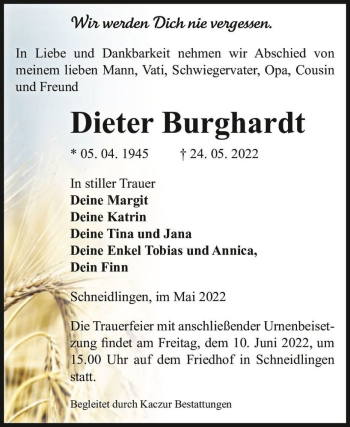 Traueranzeige von Dieter Burghardt  von Magdeburger Volksstimme