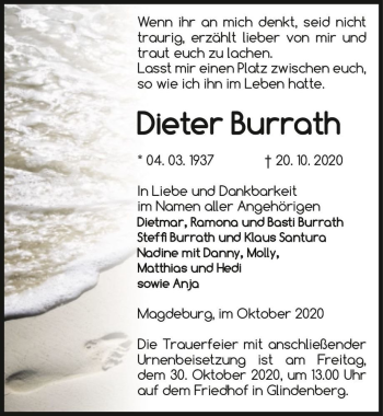 Traueranzeige von Dieter Burrath  von Magdeburger Volksstimme