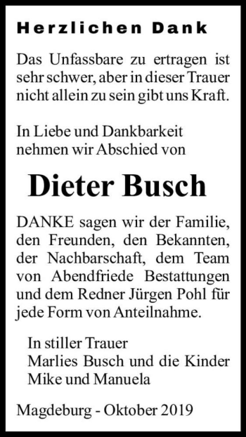 Traueranzeige von Dieter Busch  von Magdeburger Volksstimme