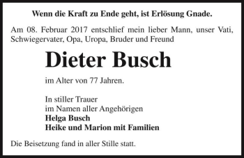 Traueranzeige von Dieter Busch  von Magdeburger Volksstimme