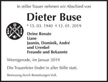 Traueranzeige von Dieter Buse  von Magdeburger Volksstimme