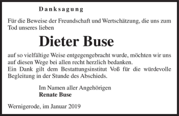 Traueranzeige von Dieter Buse  von Magdeburger Volksstimme