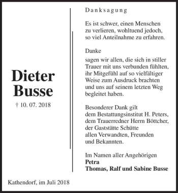 Traueranzeige von Dieter Busse  von Magdeburger Volksstimme