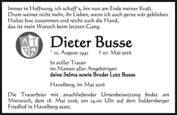 Traueranzeige von Dieter Busse  von Magdeburger Volksstimme
