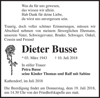 Traueranzeige von Dieter Busse  von Magdeburger Volksstimme