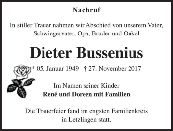 Traueranzeige von Dieter Bussenius  von Magdeburger Volksstimme