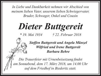 Traueranzeige von Dieter Buttgereit  von Magdeburger Volksstimme