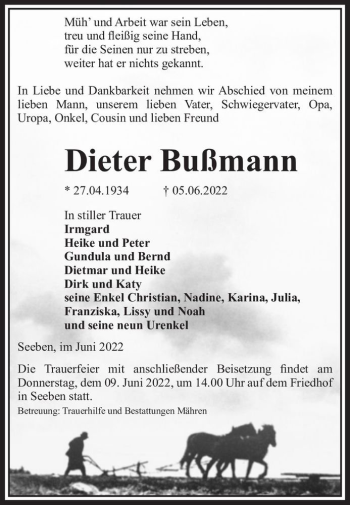Traueranzeige von Dieter Bußmann  von Magdeburger Volksstimme