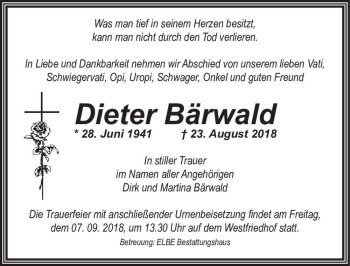 Traueranzeige von Dieter Bärwald  von Magdeburger Volksstimme