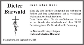 Traueranzeige von Dieter Bärwald  von Magdeburger Volksstimme