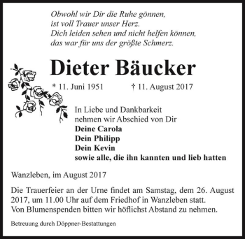 Traueranzeige von Dieter Bäucker  von Magdeburger Volksstimme