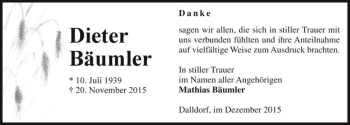 Traueranzeige von Dieter Bäumler  von Magdeburger Volksstimme